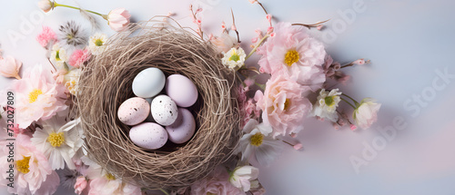 Oster Nest mit Eiern umringt von Blumen auf pastelligem Hintergrund