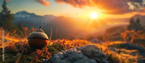 At sunset, an acorn rests on a rock amidst natural landscape, under a sky filled with cumulus clouds, creating a tranquil landscape. photo
