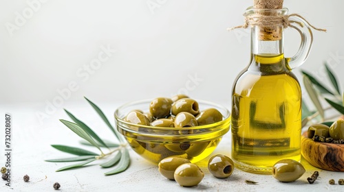 Bowl of fresh olive oil and olives with leaves isolated on a white background. Gourmet presentation