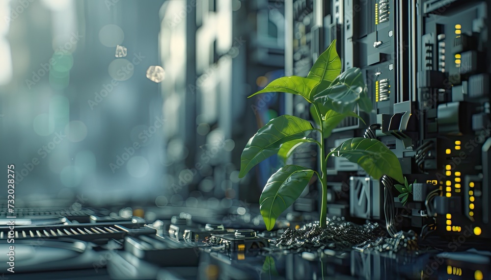 Growing green plants in the server room. Handled by human hands. Generated by AI - obrazy, fototapety, plakaty 