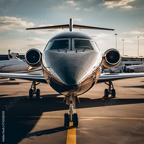 Business jet, airplane at the airport, ckose up