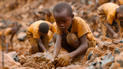 Niños tabajando en una mina en el corazón de Africa. Ejemplo de explotación infantil.  photo