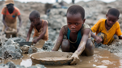 Niños tabajando en una mina en el corazón de Africa. Ejemplo de explotación infantil.  photo