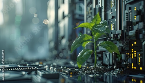 Growing green plants in the server room. Handled by human hands. Generated by AI