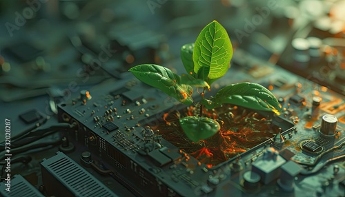 A green sprout is growing out of a computer circuit board, representing the concept of green technology. Generated by AI