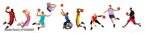 Set of different sports men, woman, disabled person in wheelchair basketball players. Professional sportsmen with ball, basket with net and shield . Vector illustrations isolated on white background. © Creative_Juice_Art
