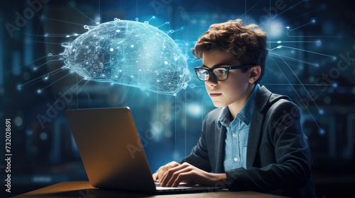 Youthful enthusiasm meets hi-tech learning environment. Teenager delves into AI technology, signalling the future of STEM education and technological exploration