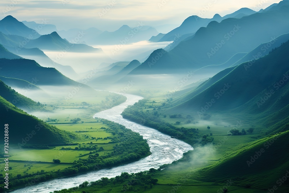 Flowing Mountain River with a Green Valley