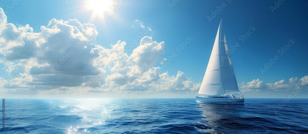 A sailboat gracefully floats on the expansive body of water, harmoniously connecting the sky, clouds, and natural landscape.
