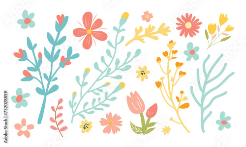 Set of hand drawn flowers and branches. Trendy vector illustration