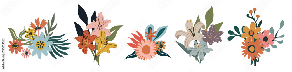 Set of hand drawn floral bouquets, compositions. Wild and garden flowers, leaves. Contemporary modern abstract vector botanical art illustrations in trendy colors isolated on white background.
