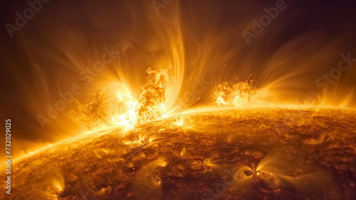 Vibrant solar flares dance across the sun's luminous surface, showcasing the intense power and cosmic energy of this celestial phenomenon. Perfect for illustrating solar science and space exploration