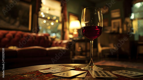 Cinematic wide angle photograph of red wine glass on a card game in a livingroom. Product photography. Advertising. photo