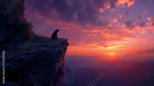 Generate an awe-inspiring image of a bear standing on a rocky cliff edge, overlooking a vast expanse of untouched wilderness, with the sky painted in hues of orange and purple during sunset.