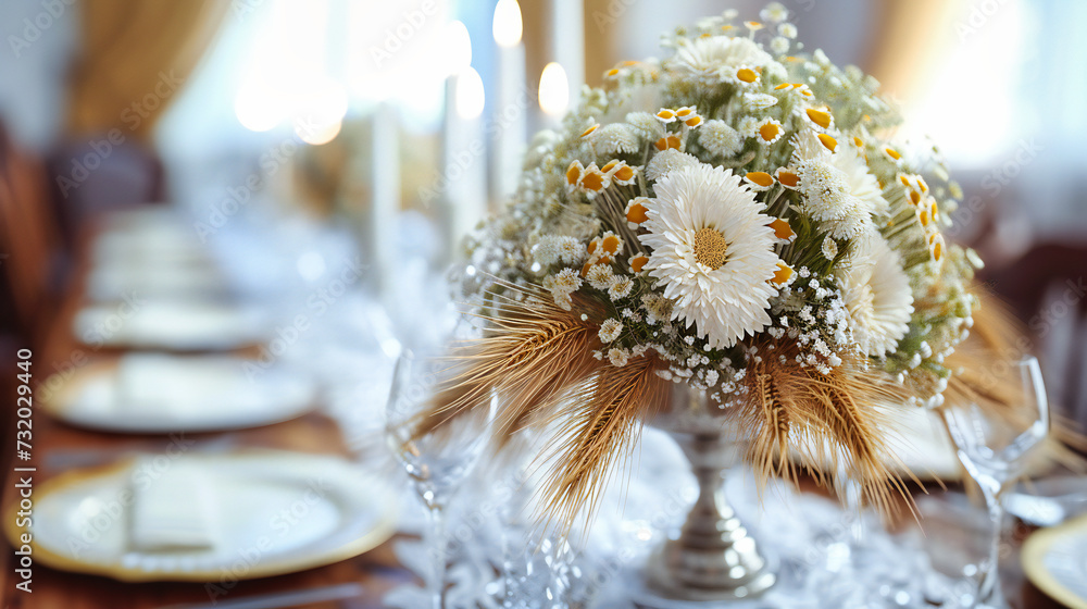 Floral Elegance at a Wedding Reception, White Bouquets and Romantic Table Setting, Celebrating Love and Beauty