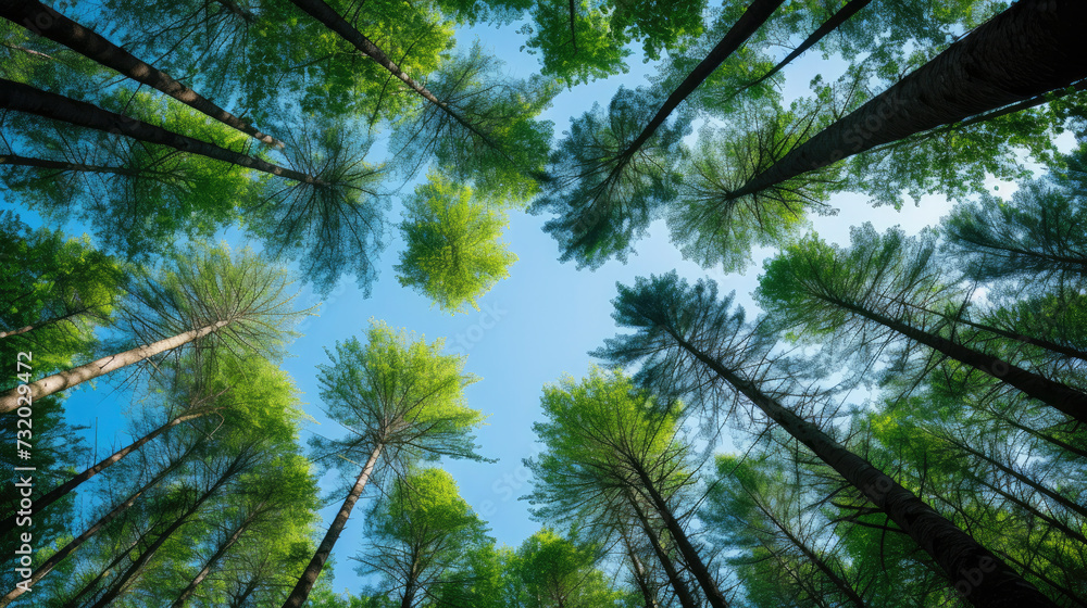 Obraz premium Nature’s Canopy: A breathtaking view of lush green treetops converging against the clear blue sky, encapsulating the tranquility and beauty of the forest