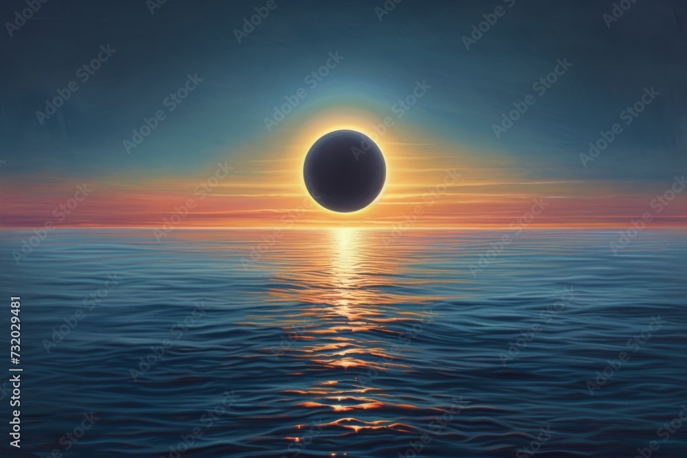 Reflected eclipse on calm water surface.