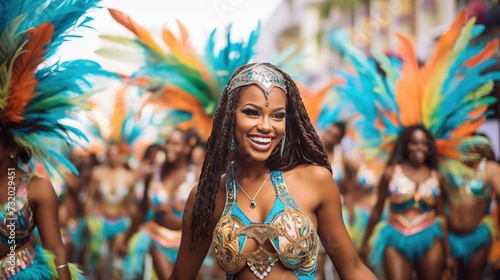 pretty woman celebrate carnival with dancing and wearing bright vivid festive outfit decorated with feathers, Generative Ai photo