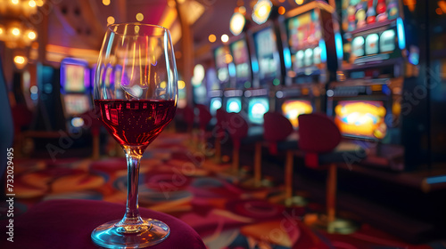 Cinematic wide angle photograph of red wine glass in a casino slot machines. Product photography. Advertising.