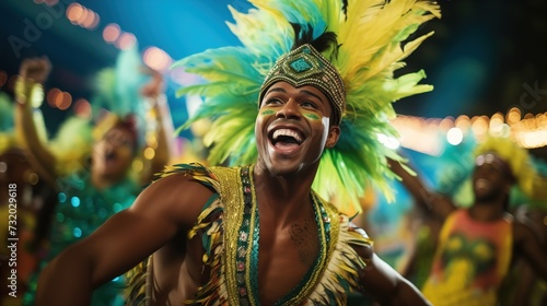young man celebrate carnival with dancing and wearing bright vivid festive outfit decorated with feathers, Generative Ai