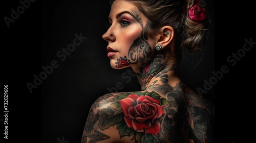 AI-generated illustration of an attractive tattooed woman against a black background.