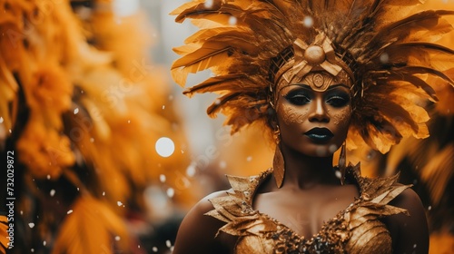 pretty woman celebrate carnival with dancing and wearing bright vivid festive outfit decorated with feathers, Generative Ai © QuietWord