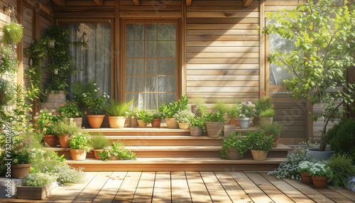 The interior of early spring yard. Patio of a wooden house with green plants in pots