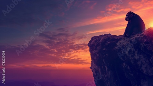 Generate an awe-inspiring image of a bear standing on a rocky cliff edge, overlooking a vast expanse of untouched wilderness, with the sky painted in hues of orange and purple during sunset.