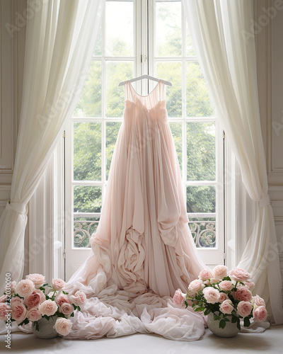 abito da sposa in seta e georgette di seta, tulle rosa , grande finestra luminosa con tende, interno romantico per  matrimonio, stanza romantica rosa photo