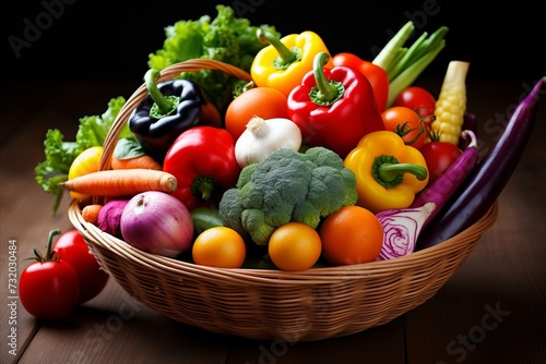Assortment of colorful freshly harvested vegetables arranged in a charming rustic woven basket