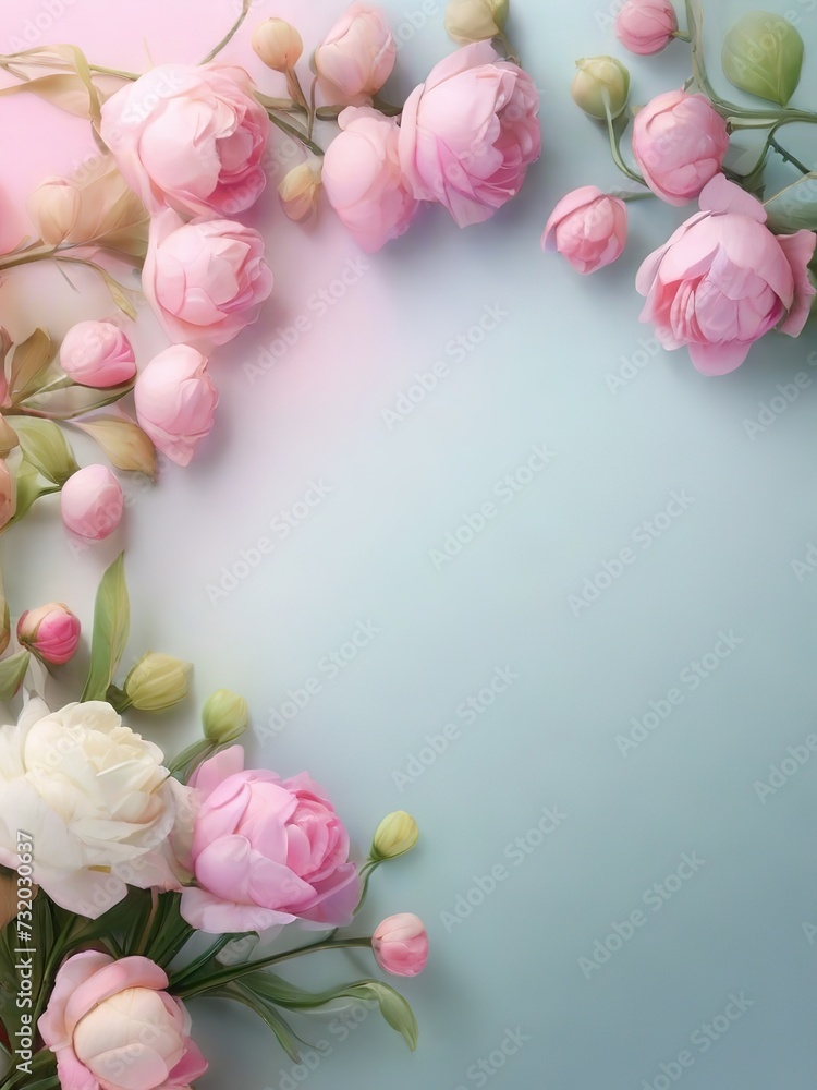 pink and white roses on blue background with copy space for text