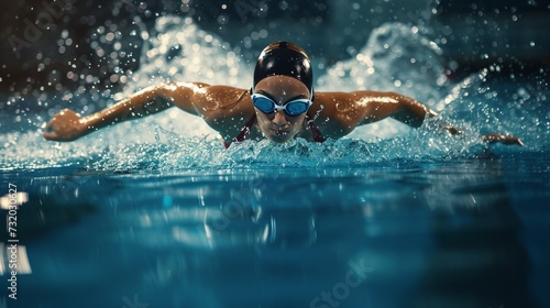 Young woman in goggles and cap swimming butterfly stroke style in the pool. AI.