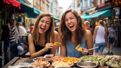 Two young women enjoying street food on vacation, sharing laughter and bonding outdoors. Holiday urban scene exuding happiness and multiculturalism