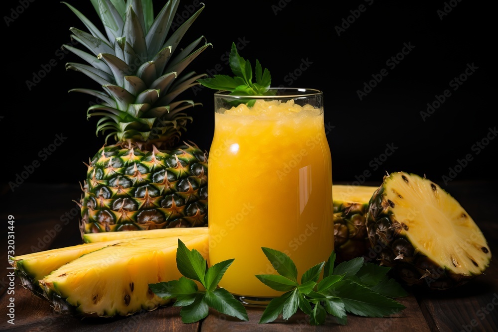 Fresh pineapple juice in a glass with pineapple chunks and pulp Fresh pineapple juice in a glass with pineapple chunks and pulp