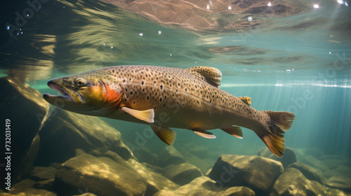 Underwater Serenity: A trout glides effortlessly through the clear water, its scales reflecting the sunlight filtering through the surface.