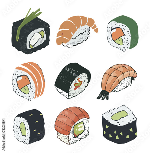 Sushi asian food with fish, rice, seaweed, caviar. Japanese food menu elements, rolls with salmon, soy sauce, wasabi, ginger. Clipart for sushi bar, Japan restaurant. Vector illustration set isolated.