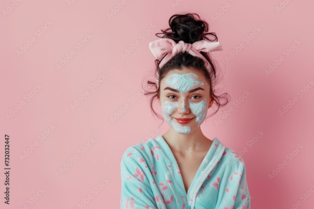 Happy young woman in pajamas and with cream on her face. Self care concept banner with copy space Happy young woman in pajamas and with cream on her face. Self care concept banner with copy space