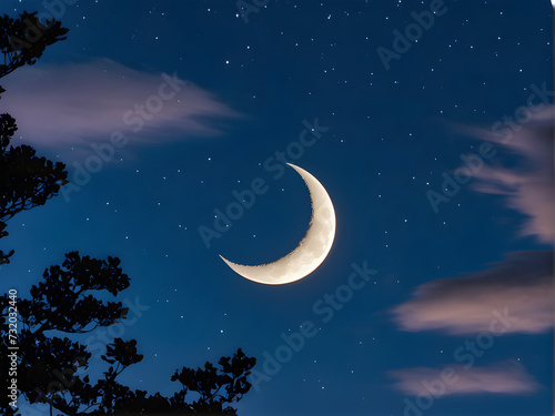 This image depicts a night sky with a crescent moon, stars, and clouds. Generative AI.