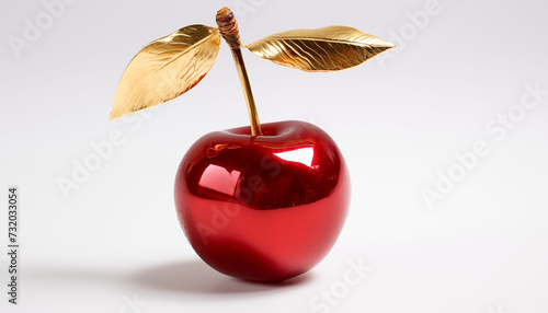 Cherry with a golden petal and golden leaves on a white background