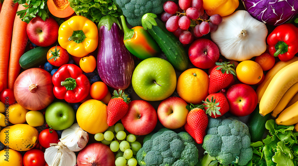 Fresh Fruits and Vegetables on a Wooden Table, A Colorful and Healthy Assortment for a Balanced Diet Fresh Fruits and Vegetables on a Wooden Table, A Colorful and Healthy Assortment for a Balanced Diet