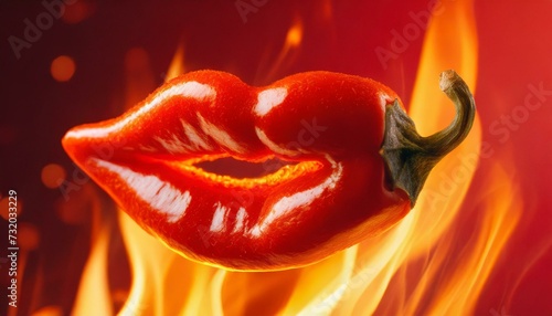 pimenta quente formando lábios vermelhos em frente ao fogo, conceito sensualidade photo