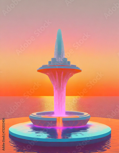 Magic fantasy crystal fountain 3d art with vibrant orange colors, copy space for text, wallpapers and design