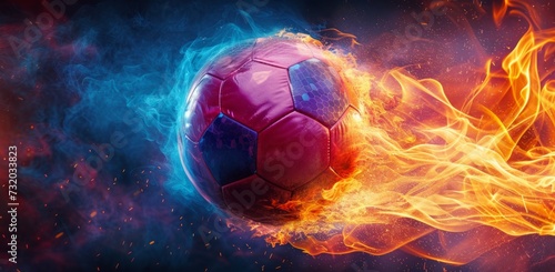 a soccer ball with fire and rainbow effect