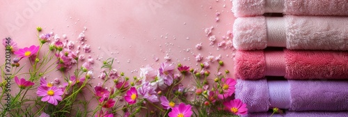 Arrangement of bath towels and lovely flowers