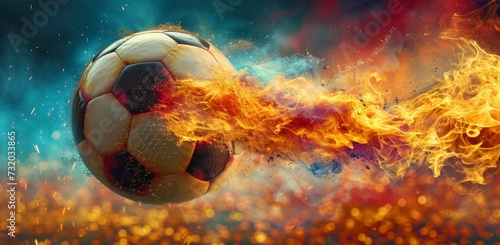 a soccer ball with fire and rainbow effect