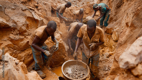 Hombres trabajando en una mina en el corazón de Africa. Ejemplo de explotación y esclavitud.  photo