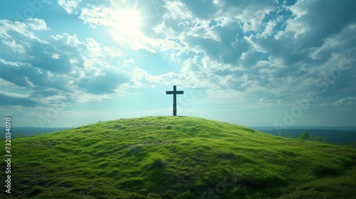 A Christian cross standing tall atop a lush green hill. large copyspace area