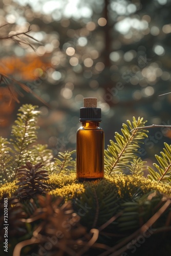 a bottle of essential oil on a natural background