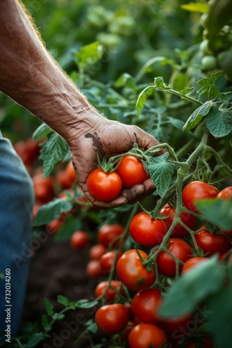 A gardener carefully selects ripe red tomatoes by hand