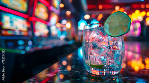 Cinematic wide angle photograph of a gin tonic sparkling cocktail with lime in a casino slot machines. Product photography. Advertising.